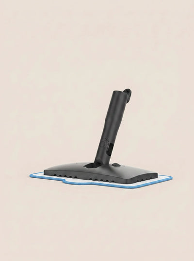 Zwarte vloerborstel met een blauw-witte dweildoek op een neutrale achtergrond.